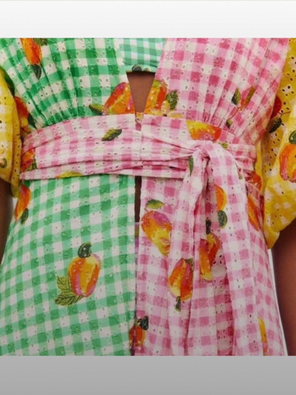 FARM Rio Green Pink Yellow Gingham Fruit Print Maxi Dress Tie Waist Size S - Picture 6 of 6